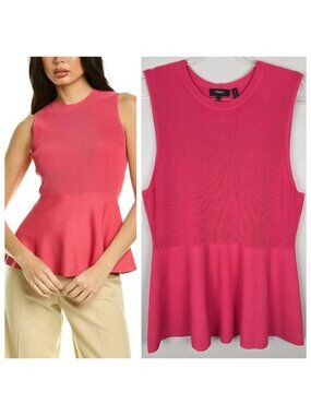 Theory Textured Gloss Shell Peplum Top Knit Stretch Sleeveless Pink Size XXL